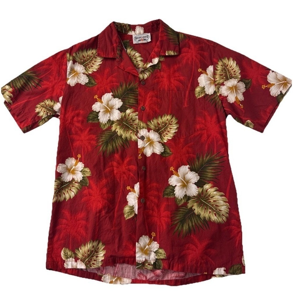 Hawaiian Shirt Pacific Legend Men Medium‎ Red Hibiscus Floral Made in USA Aloha